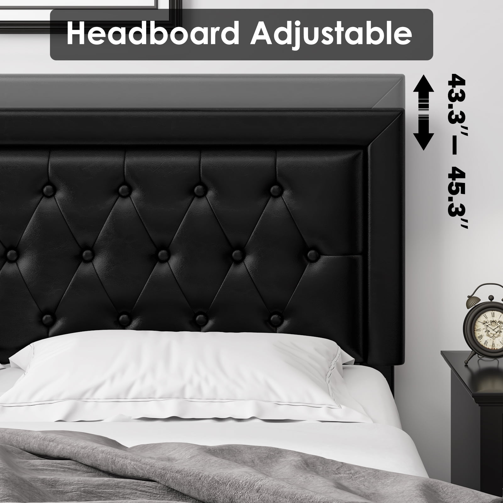 Homfa Full Size Bed Frame with Storage Drawers, PU Leather Upholstered Platform Bed with Adjustable Button Headboard, Black