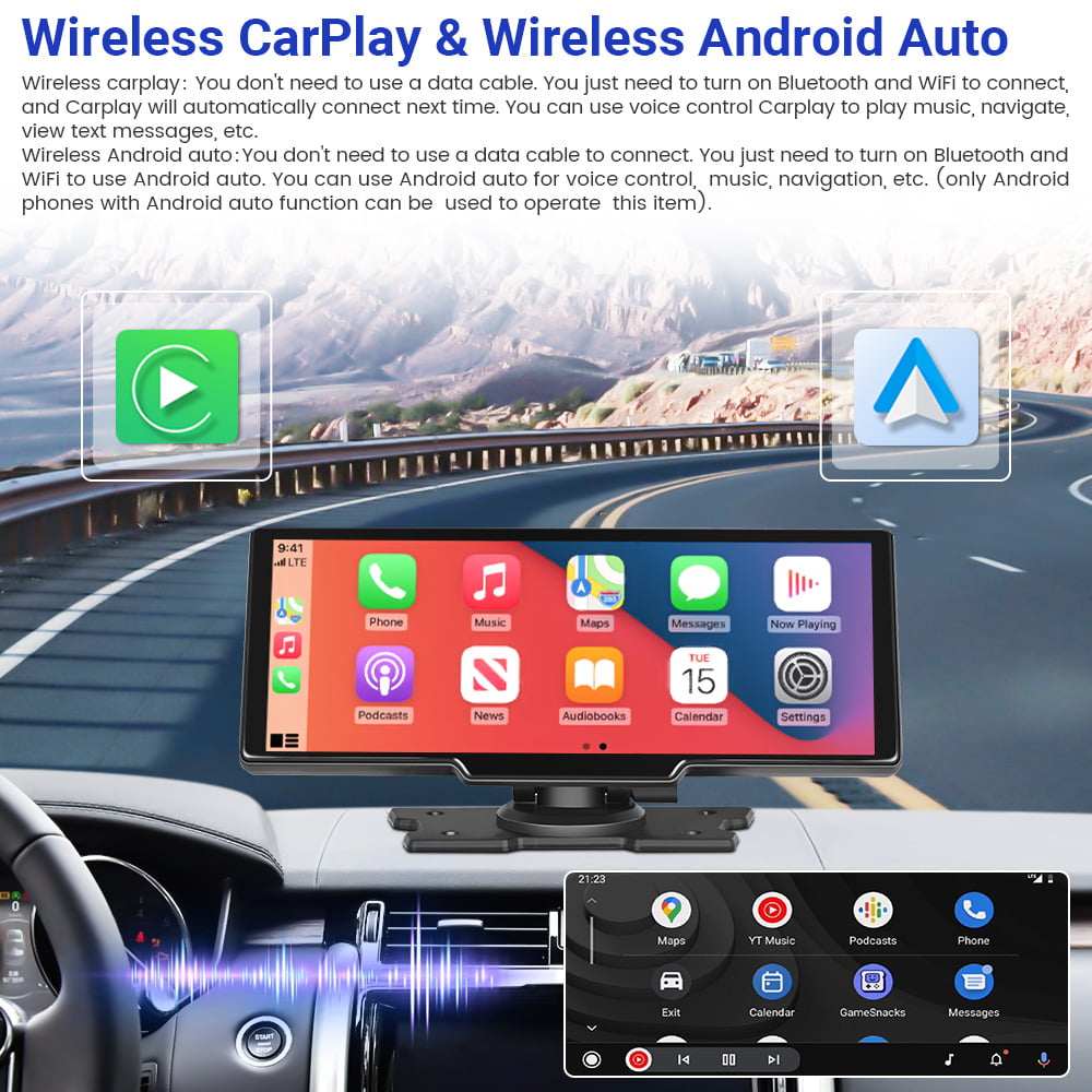 Podofo 7-32V 9.3" Portable Car Stereo Radio Wireless Carplay Android Auto Dash Cam DVR Car MP5 Player, with 32G Card&Backup Camera