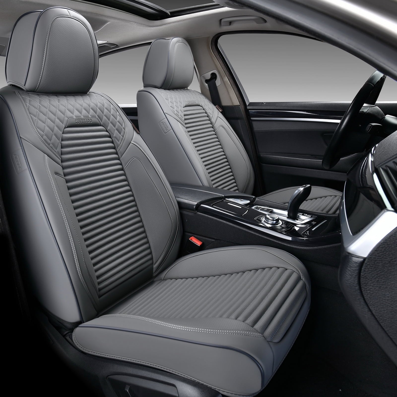 Coverado Premium Leather Car Seat Covers Gray Full Set, Fashion Auto Front and Back Seat Covers 13 Pieces,  Seat Protectors Interior Accessories Universal Fit Sedan, SUVs, Pickup Trucks