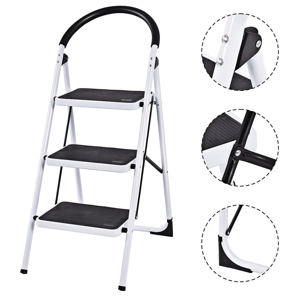 SUGIFT 3-Step Portable Folding Steel Ladder with Wide Platform Steps, 330lbs Capacity, White
