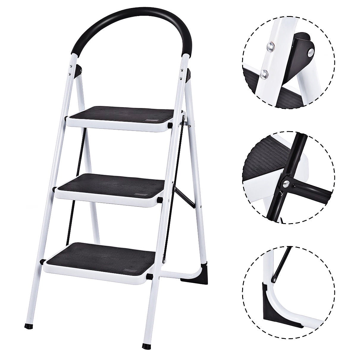 SUGIFT 3-Step Portable Folding Steel Ladder with Wide Platform Steps, 330lbs Capacity, White