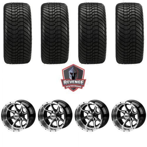 12" Azusa Machined Black Golf Cart Wheels and Tires Combo (215/35-12) Set of 4