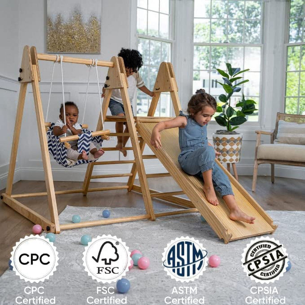 Avenlur Juniper Montessori Toddler Playset Indoor Playground Folding Gym, Interchangeable Baby/Toddler Swing 5 in 1 Multifunctional Foldable, Ladder Climber, Slide, Rock Climbing Kids Ages 1yr - 5yrs