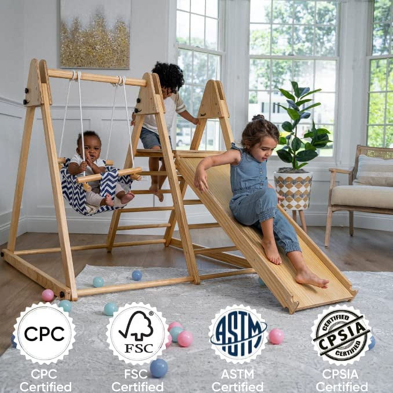Avenlur Juniper Montessori Toddler Playset Indoor Playground Folding Gym, Interchangeable Baby/Toddler Swing 5 in 1 Multifunctional Foldable, Ladder Climber, Slide, Rock Climbing Kids Ages 1yr - 5yrs