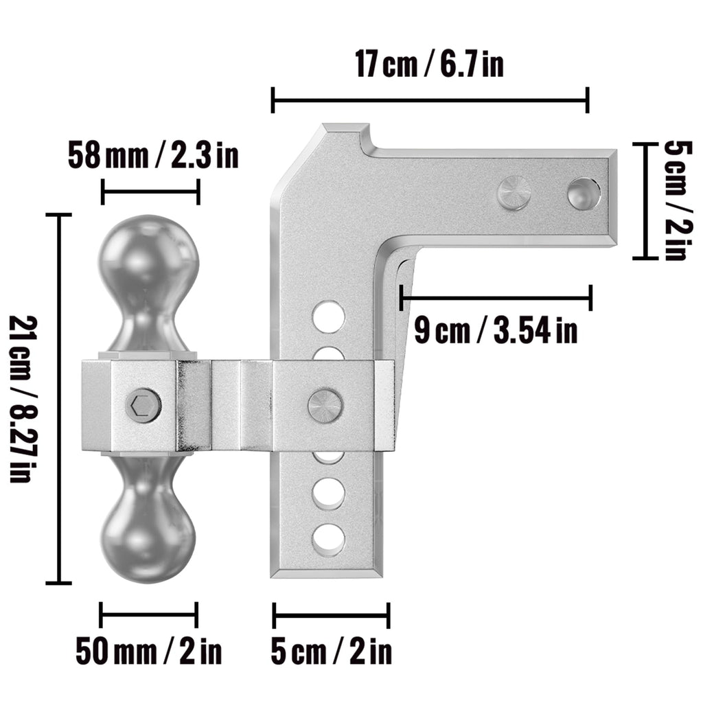 BENTISM Adjustable Trailer Hitch, Fits 2" Receiver, 6" Drop Ball Mount Hitch w/ Forged Aluminum Shank ＆ Two Iron Balls, 12500 lbs Towing Capacity for Most Common Needs, Dual Locking Pins Included