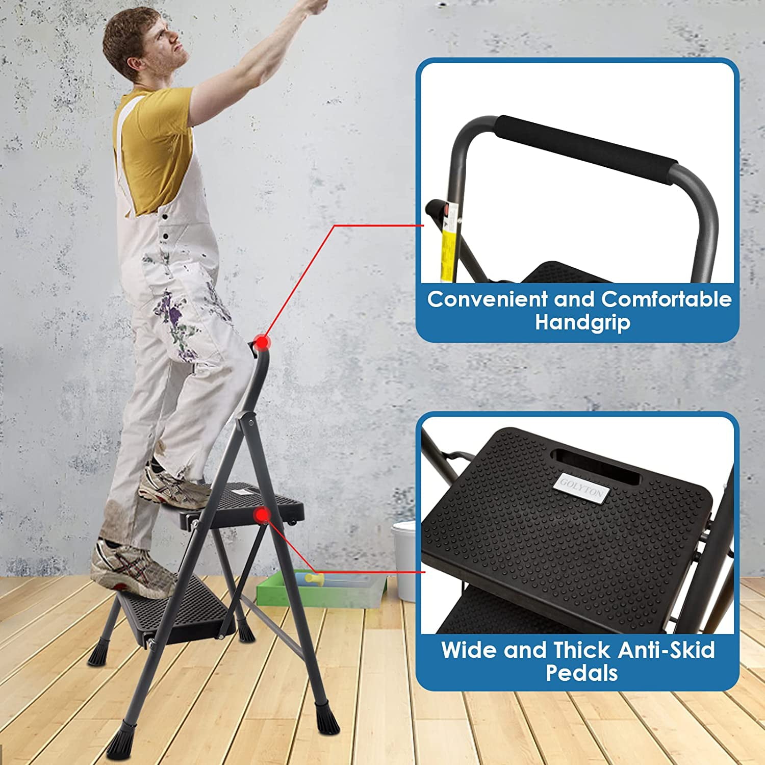 HBTower Folding 2-Step Stool Ladder, 500lbs, with Wide Anti-Slip Pedal and Steel Handgrip, Gray
