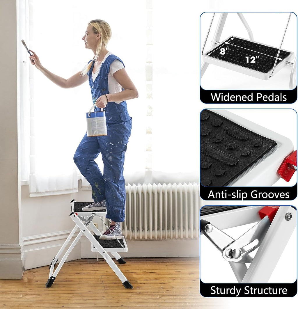 PHANCIR 2 Step Stool Ladder, 330 Lbs Capacity Folding Step Stool for Adults with Anti-Slip Pedals Large Foot Pads, Heavy Duty Steel Sturdy Portable Step Stool Ladder for Kitchen, Household, Office