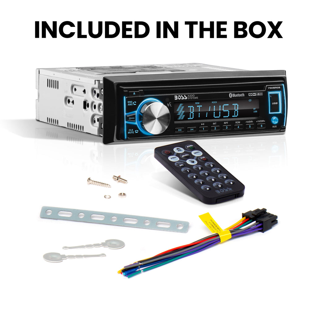 BOSS Audio Systems 750BRGB Car Audio Stereo System - Single Din, Bluetooth Audio and Calling Head Unit, CD Player, USB, AUX Input, AM/FM Radio Receiver, Multi Color Illumination, Hook up to Amplifier