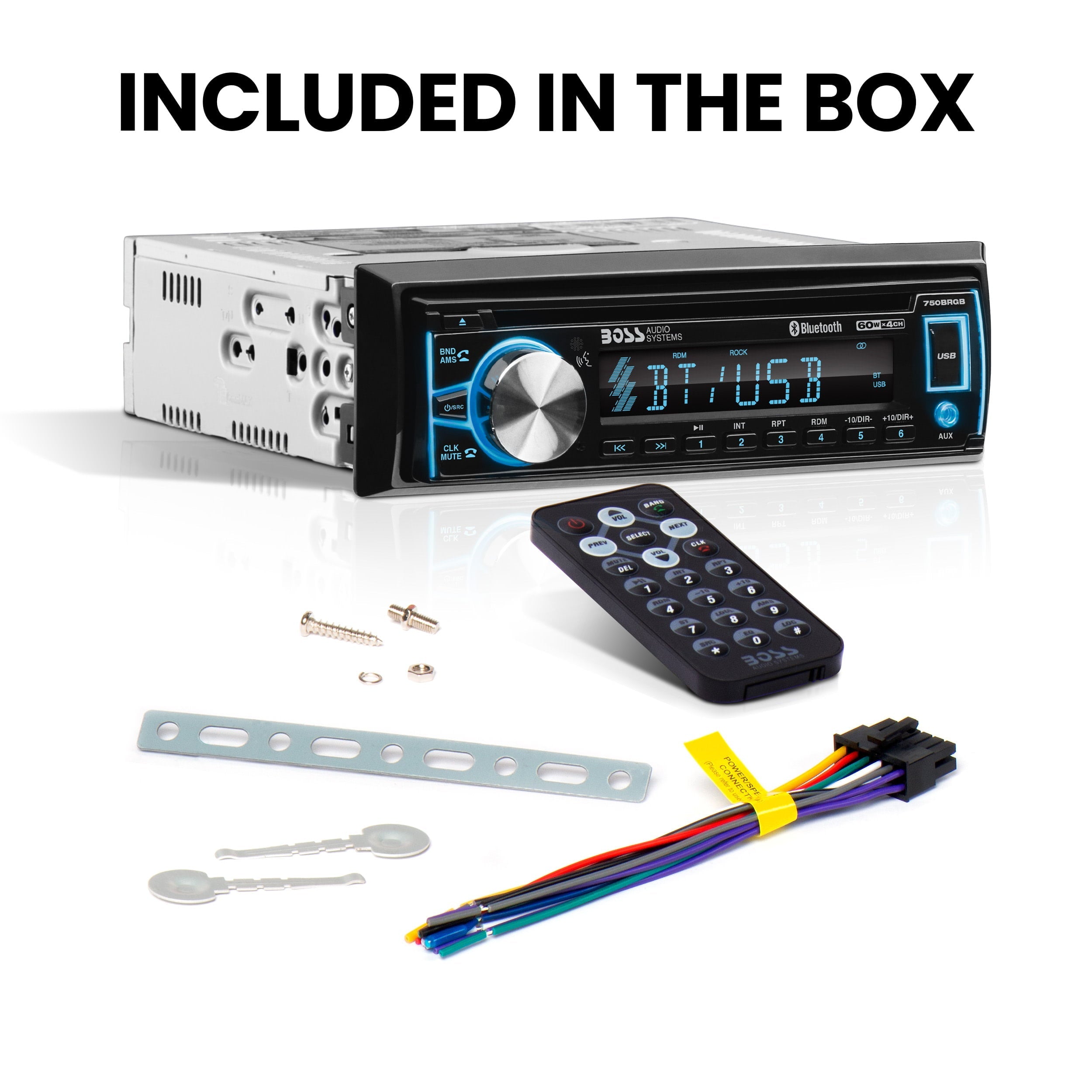 BOSS Audio Systems 750BRGB Car Audio Stereo System - Single Din, Bluetooth Audio and Calling Head Unit, CD Player, USB, AUX Input, AM/FM Radio Receiver, Multi Color Illumination, Hook up to Amplifier