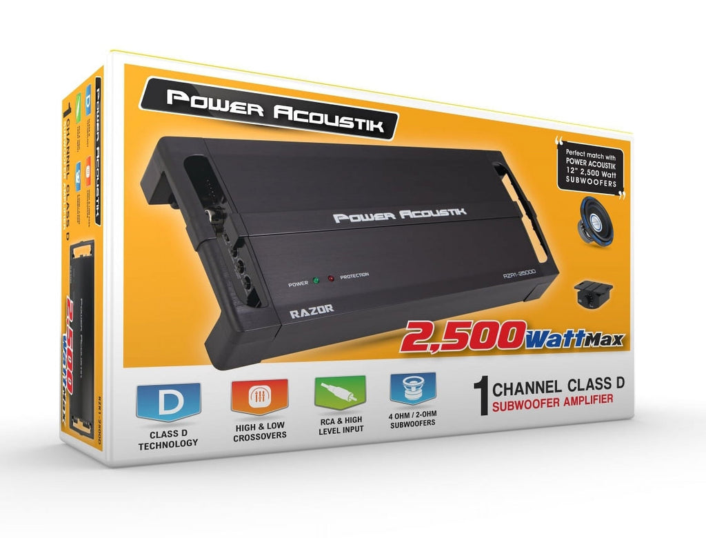 Power Acoustik RZR1-2500D Amplifier | RAZOR Series Subwoofer 1-Channel Amplifier | 2 Ohm Max Power 2,500 Watts