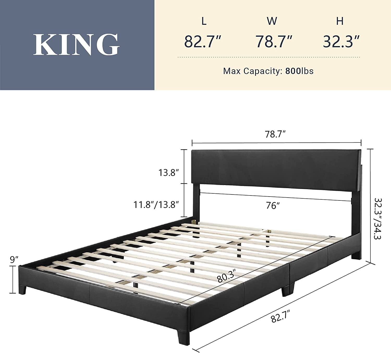 Allewie King Size Platform Bed Fame with Upholstered Adjustable Leather Headboard, Black