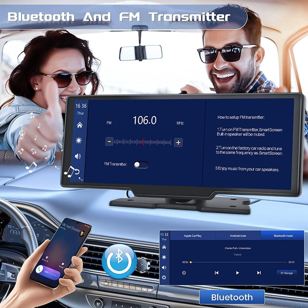 Podofo 7-32V 10.26" Portable Car Stereo Radio Wireless Carplay Android Auto HD Touch Screen Player FM Bluetooth Voice Control for (No Rearview Camera)
