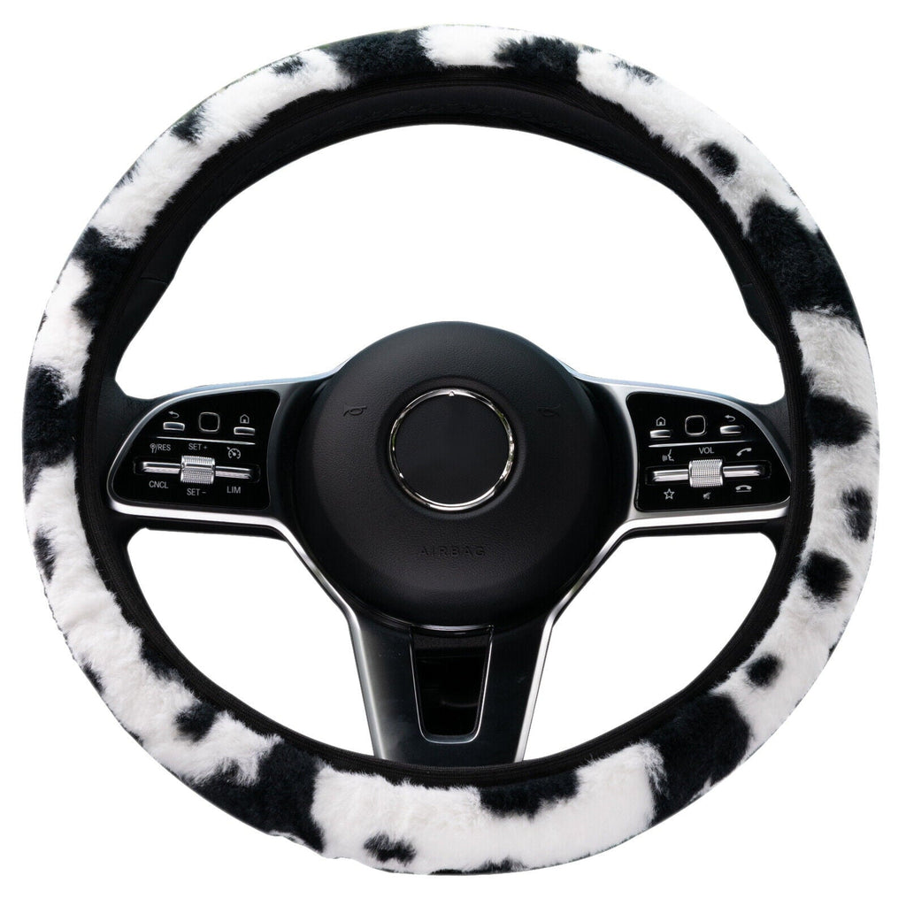 Cow Pattern Plush Car Steering Wheel Cover Protector Anti Slip Milk Cow Print Pattern Fuzzy Universal Fit For 14.5-15 Inches