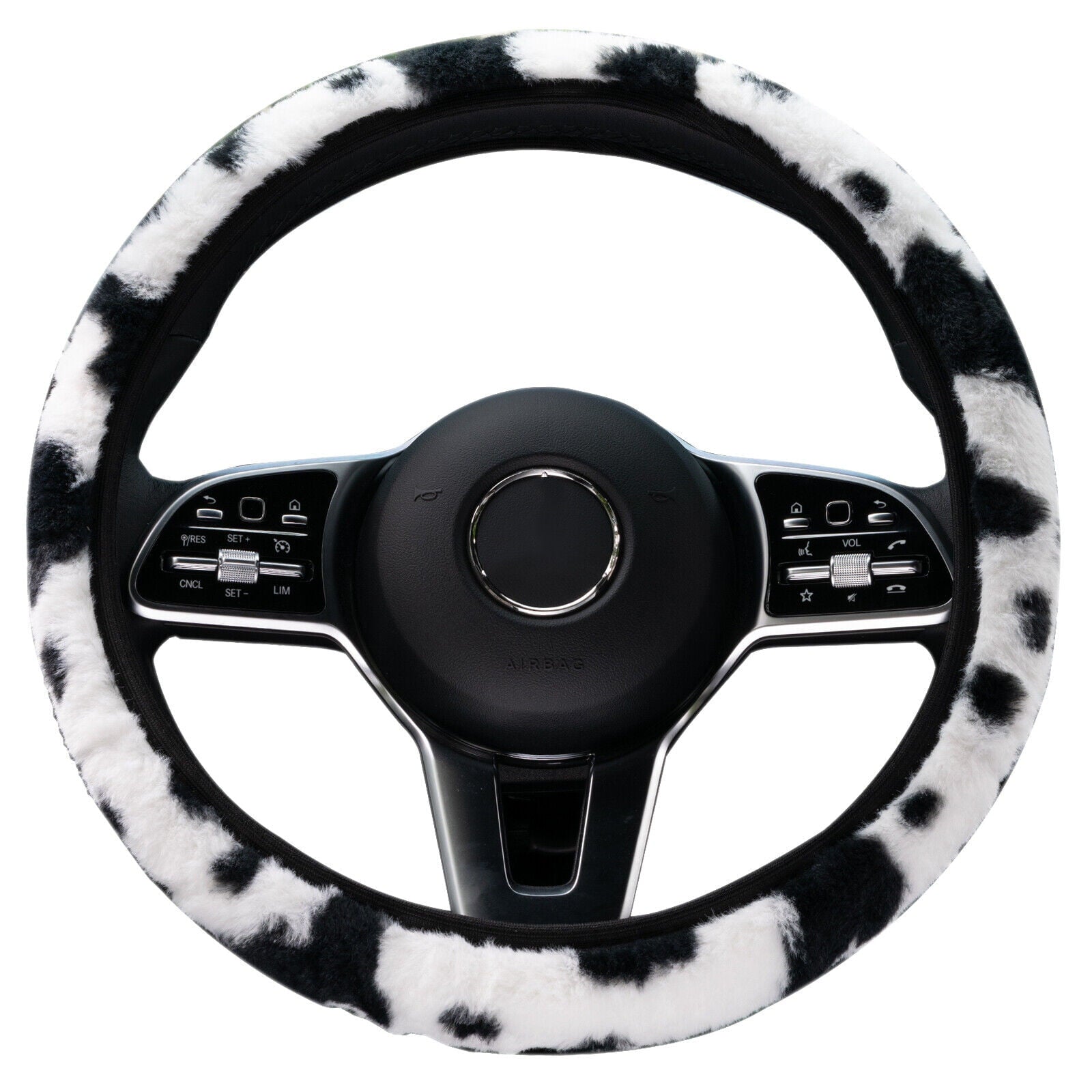 Cow Pattern Plush Car Steering Wheel Cover Protector Anti Slip Milk Cow Print Pattern Fuzzy Universal Fit For 14.5-15 Inches