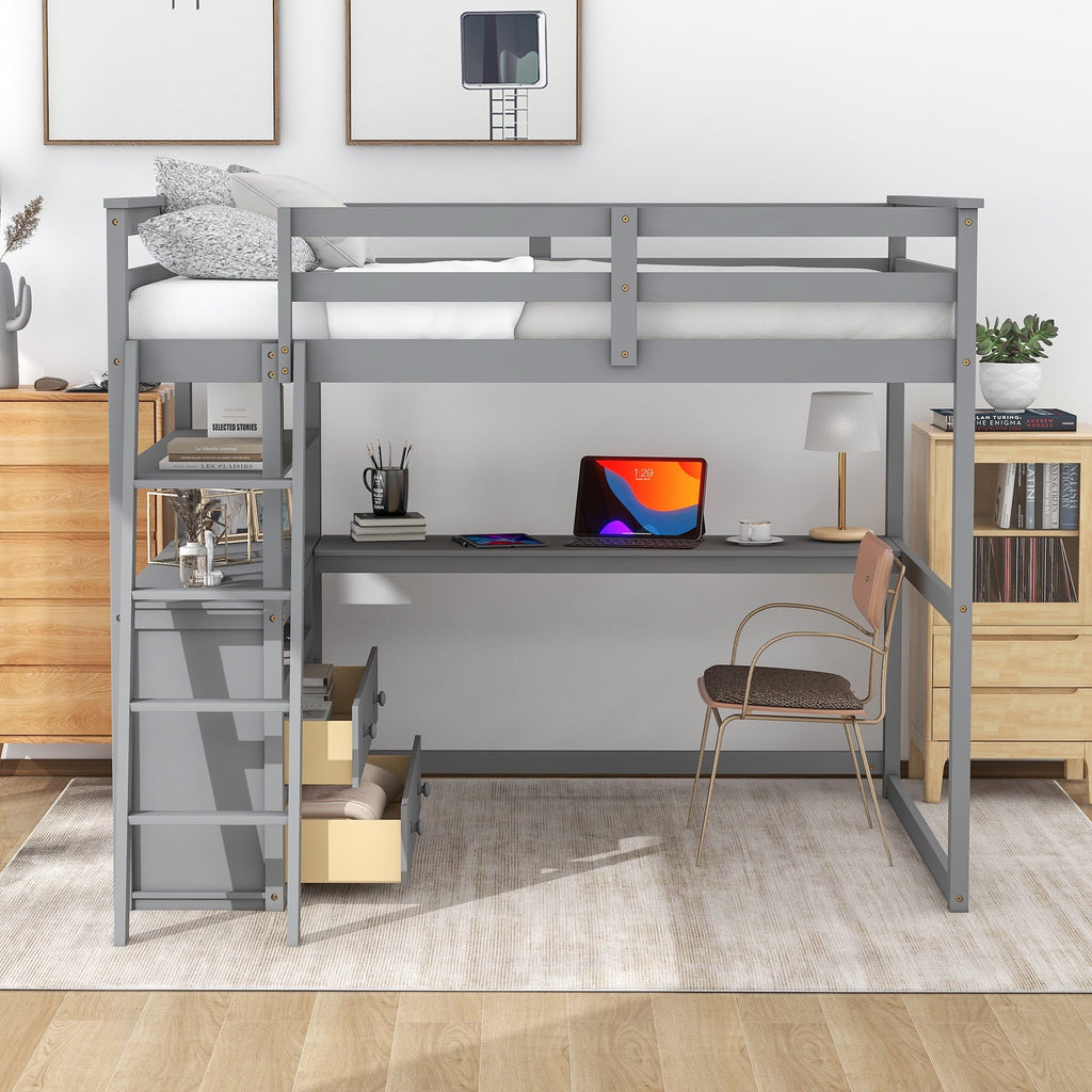 Euroco Full Size Wood Loft Bed with Desk, Shelves and Cabinets for Kids Room, Incline Ladder and 3 Drawers, Gray