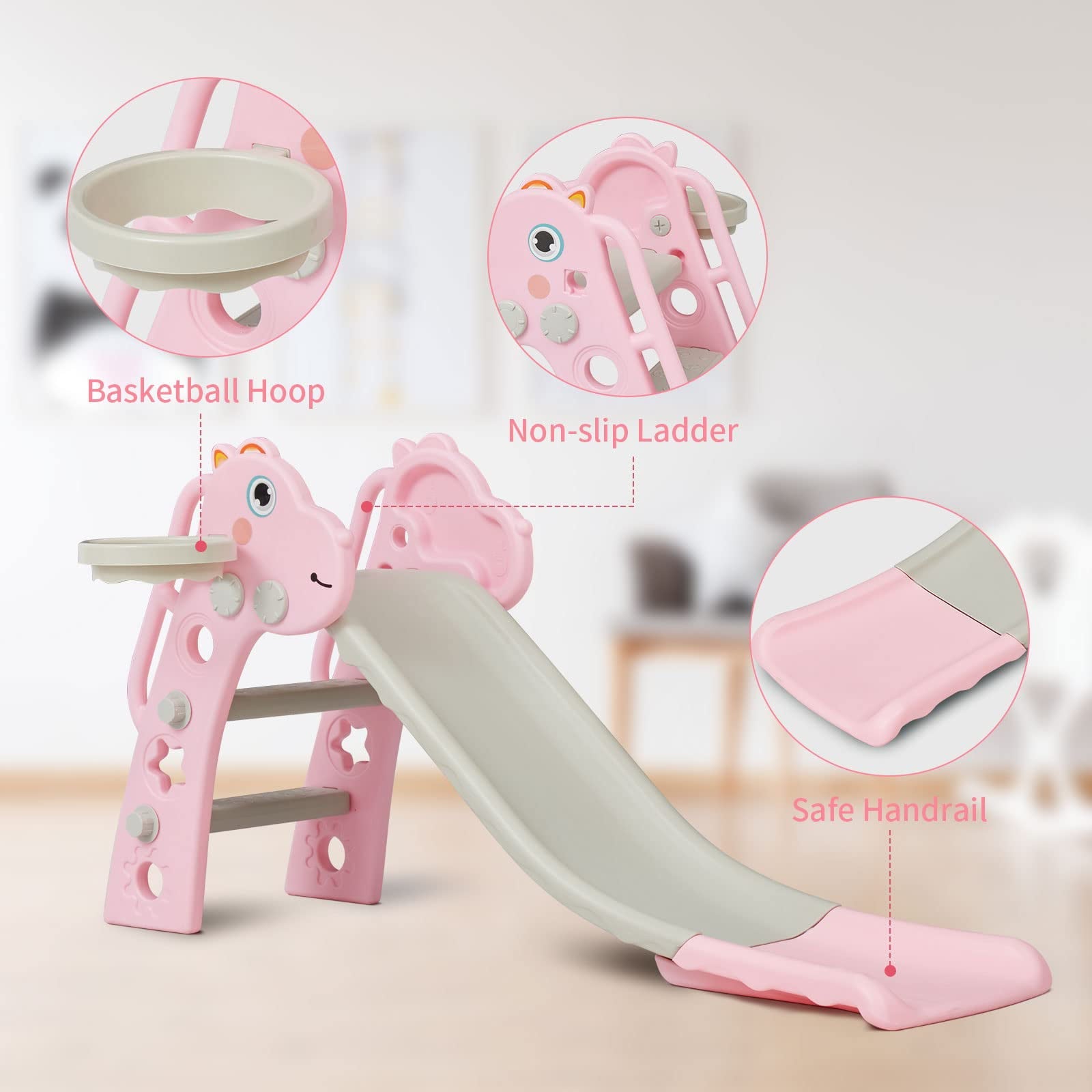 REIDIU 3 in 1 Slide for Kids, Toddler Slide Climber Set for Indoor Outdoor, Freestanding Game Slide with Extra Long Slipping Slope, Basketball Hoop and Ball for Boys & Girls (Pink)