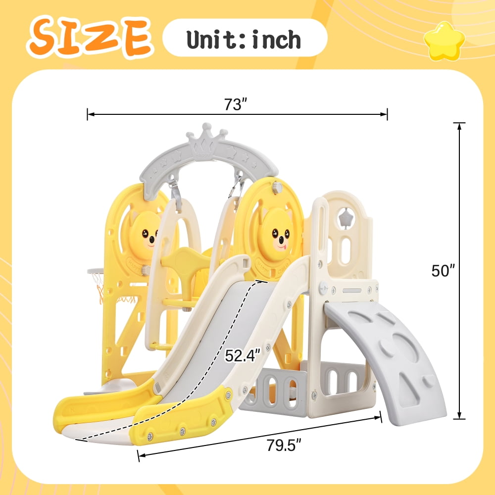 GERI 5 in 1 Toddler Slide, Climber Slide for Toddlers Age 1-5, Outdoor Indoor Playset for Toddlers with Basketball Hoo, Storage Space, Yellow