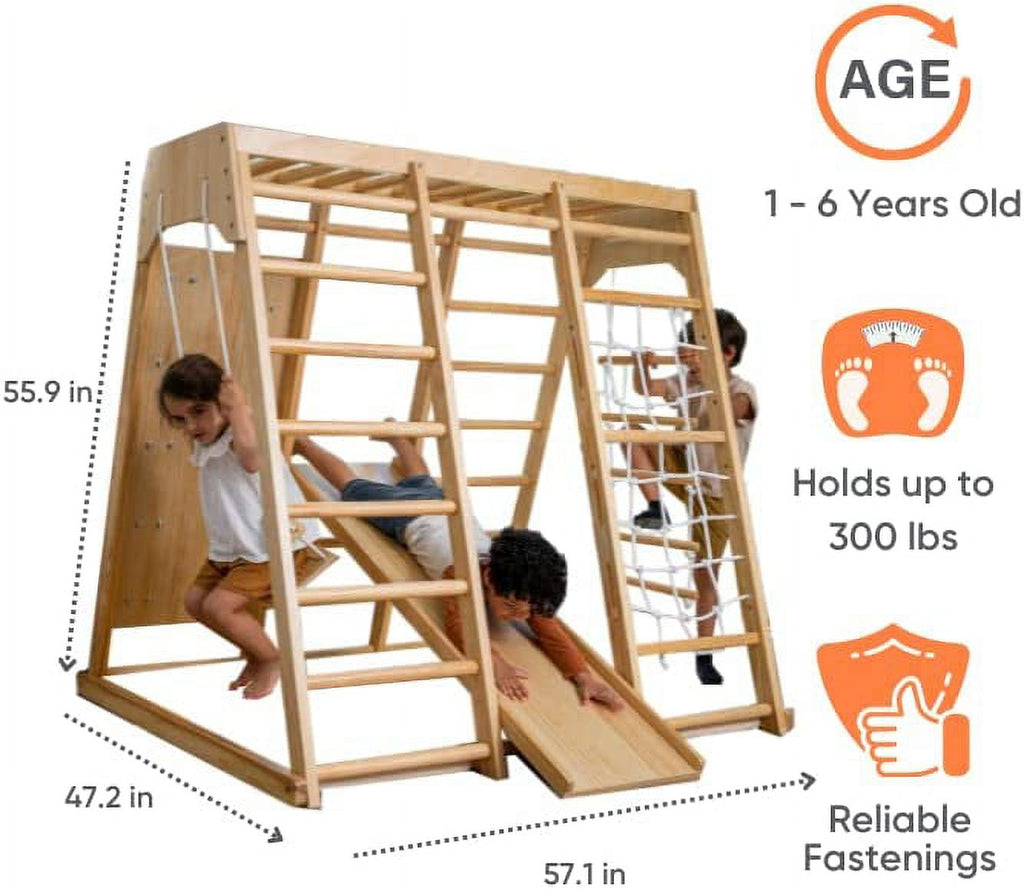 Avenlur Indoor Toddler and Child Indoor Gym Playground Climber - Real Wooden Playset 6-in-1 Slide, Rock Climb Wall, Rope Wall Climbing, Monkey Bars, Swing, Ladder Fun Gym for Children