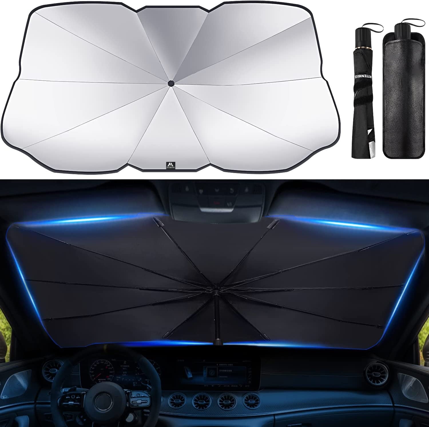 Windshield Sun Shade Umbrella, Car Windshield Sun Shade Foldable Cover Visor UV Ray Reflector, Car Sun Shade Windshield for Auto Trucks SUV Keeps Vehicle Cool Heat Insulation Protection