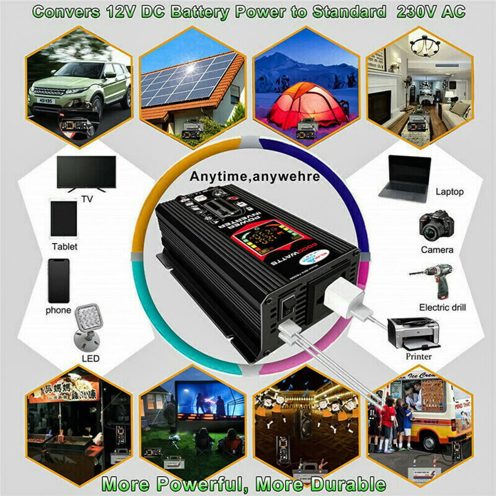 MDHAND 6000W Power Inverter, DC12V to 110V AC Car Inverter with Universal Socket, 2USB Port, Cigarette Lighter Adapter, Truck/ Boat/RV/Car Solar System Inverter