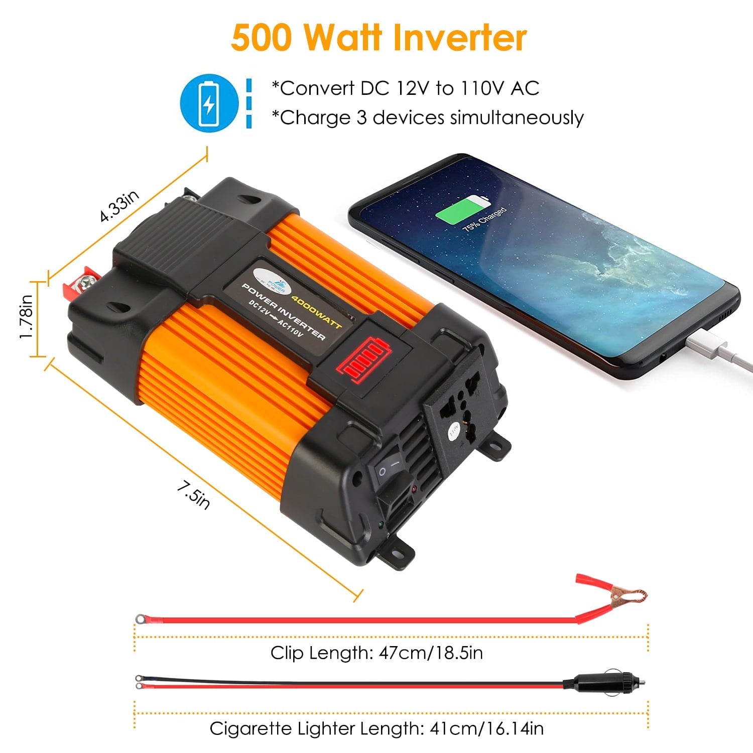 500W Power Inverter 4000W Peak Power DC 12V to 11oV AC Car Power Converter with Dual USB Ports AC Outlet with Car Charger Adapter, Multiple Protection for Caravan Laptop TV