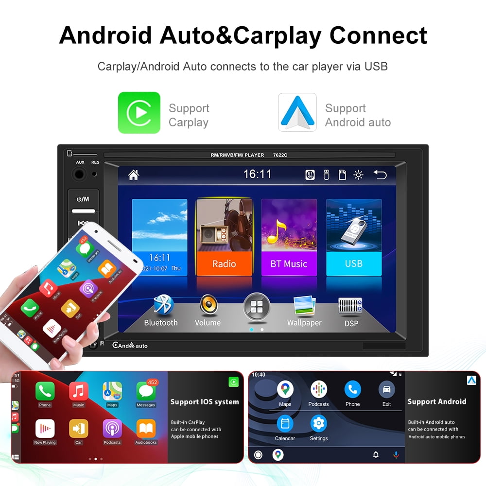 Podofo Double 2 Din 6.2'' Car Stereo Radio with Apple Carplay Android Auto HD Touch Screen Car MP5 Player Bluetooth Mirror Link USB,with Rearview Camera