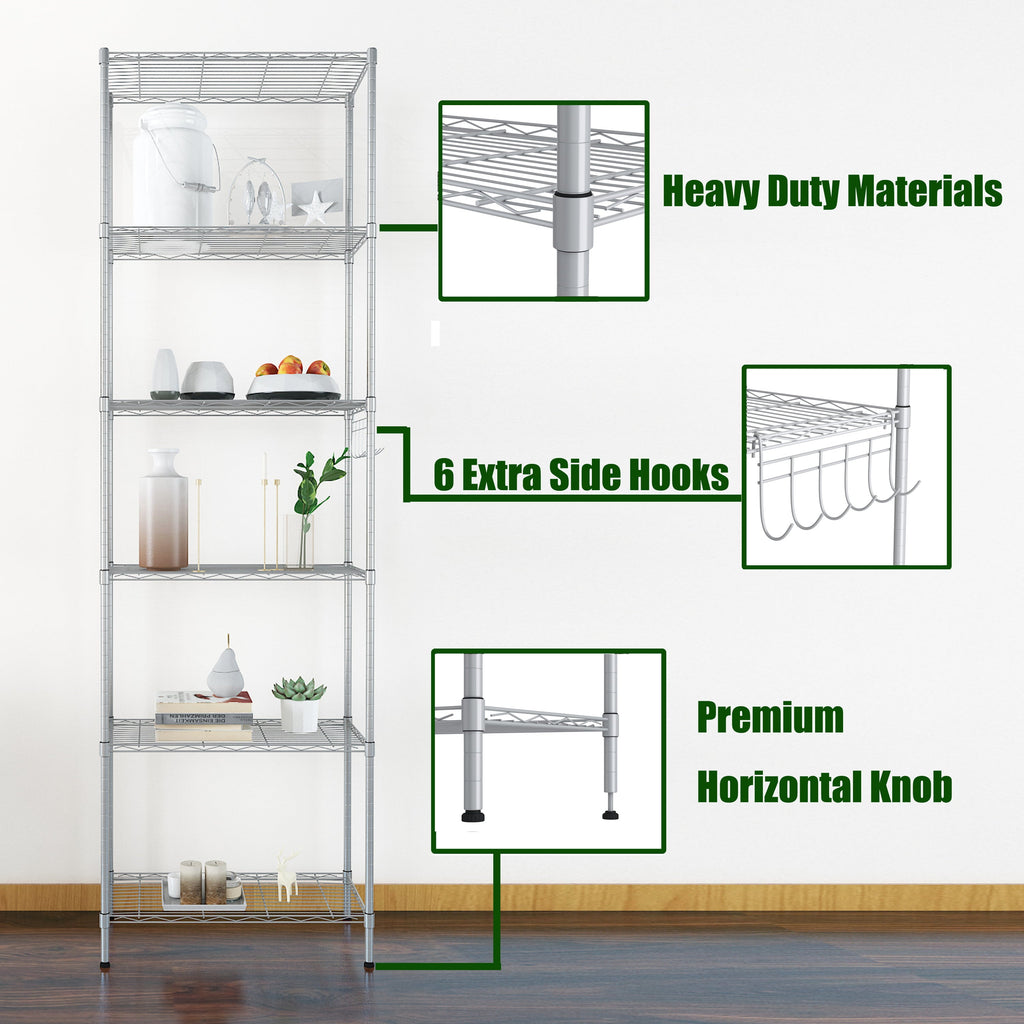 6-Tier Wire Shelving Unit Storage Rack Metal Shelf Organizer with 6 Hooks for Kitchen Bathroom Garage Balcony 21.26" x 11.42" x 62.99"