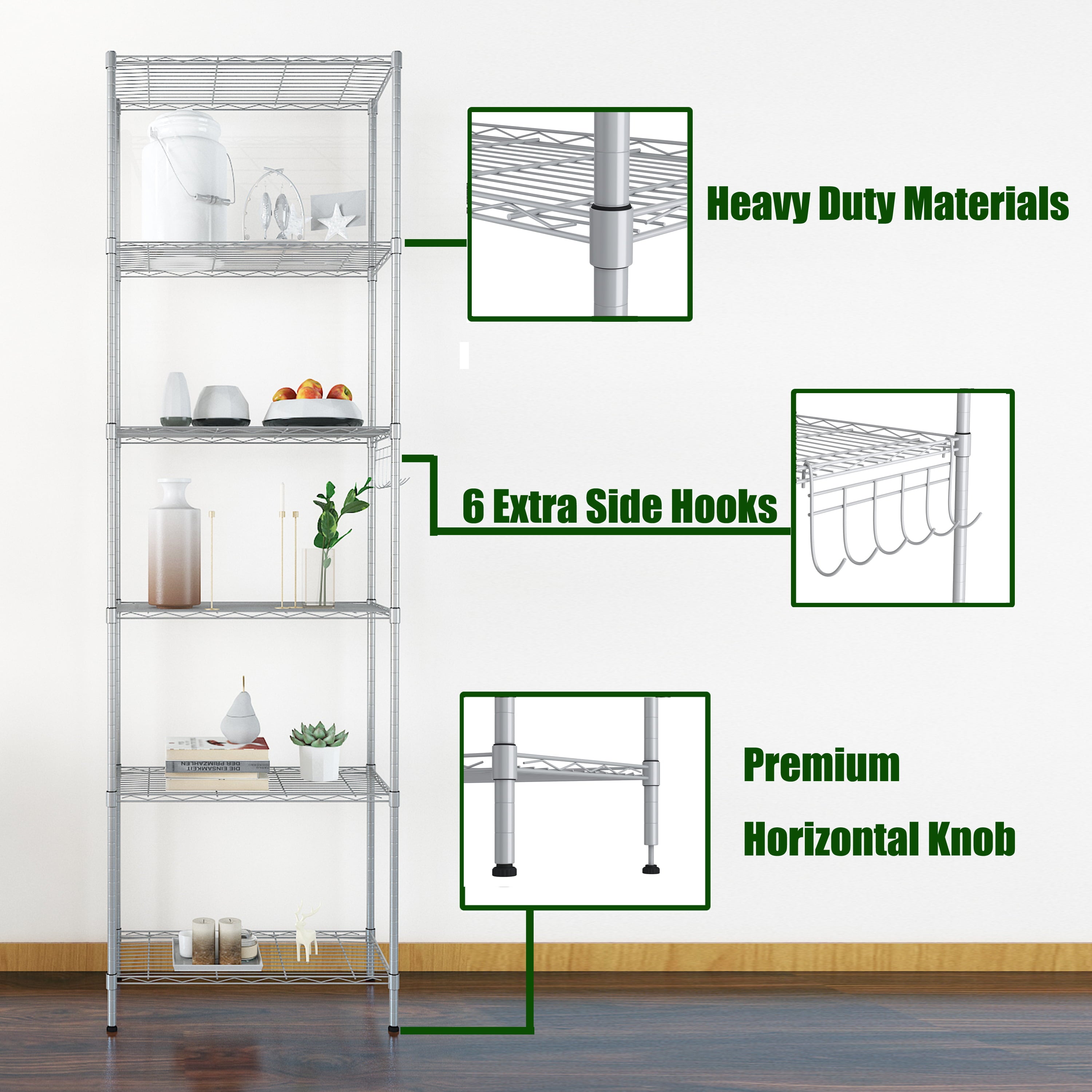 6-Tier Wire Shelving Unit Storage Rack Metal Shelf Organizer with 6 Hooks for Kitchen Bathroom Garage Balcony 21.26" x 11.42" x 62.99"