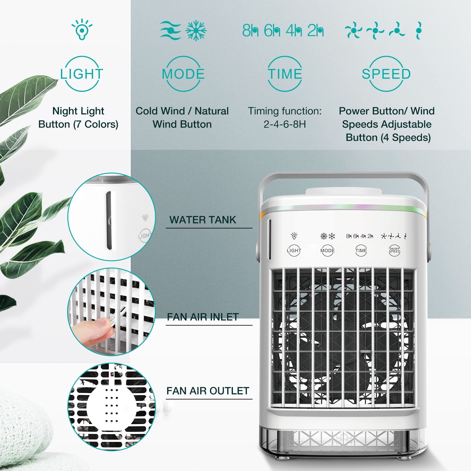 HailiCare Mini Portable Air Conditioner, 6-in-1 Evaporative Coolers with Mist Sprayer Function,Air Cooler with 4 Speeds and 7 Color LED Light for Home Bedroom Office