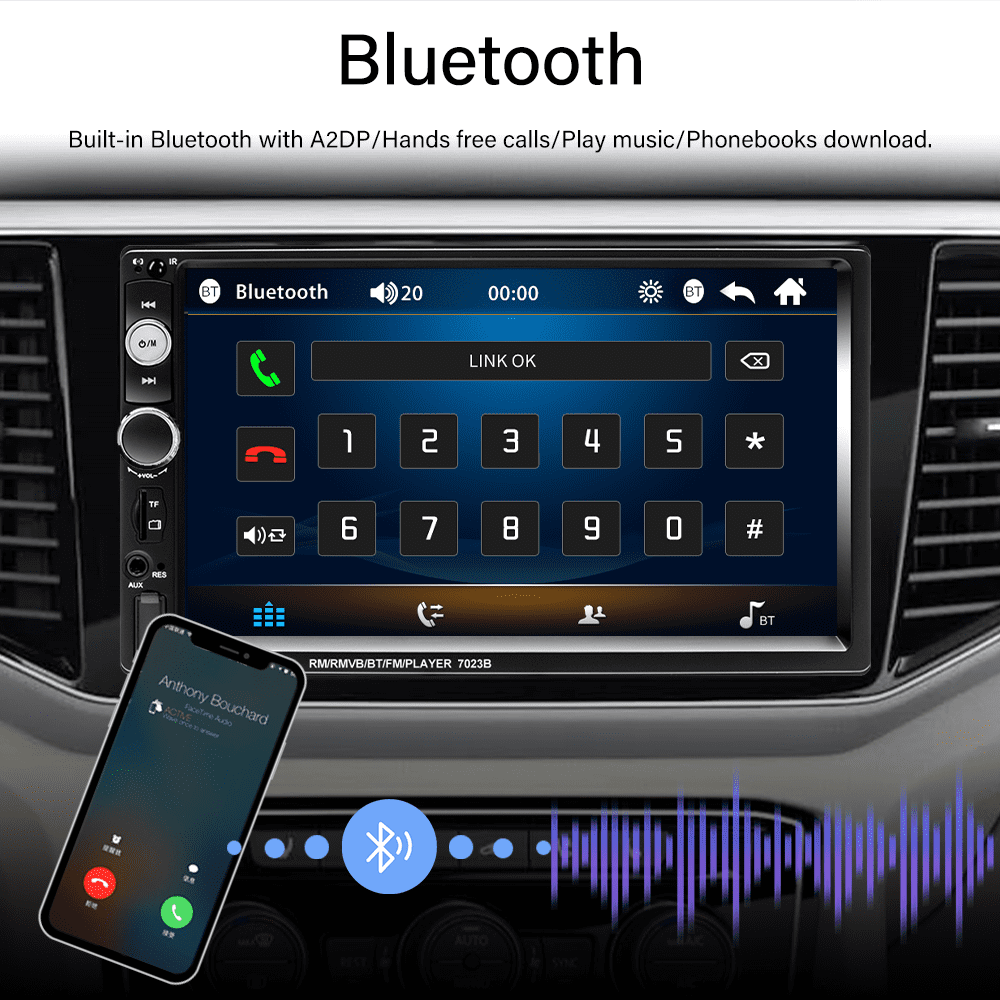 Podofo 12V Double 2 DIN Car Stereo Radio 7" HD MP5 Touch Screen Digital Display Car Video Player with Bluetooth Mirror Link Multimedia Auto SD USB FM AUX Function, with 4 LED Rearview Camera