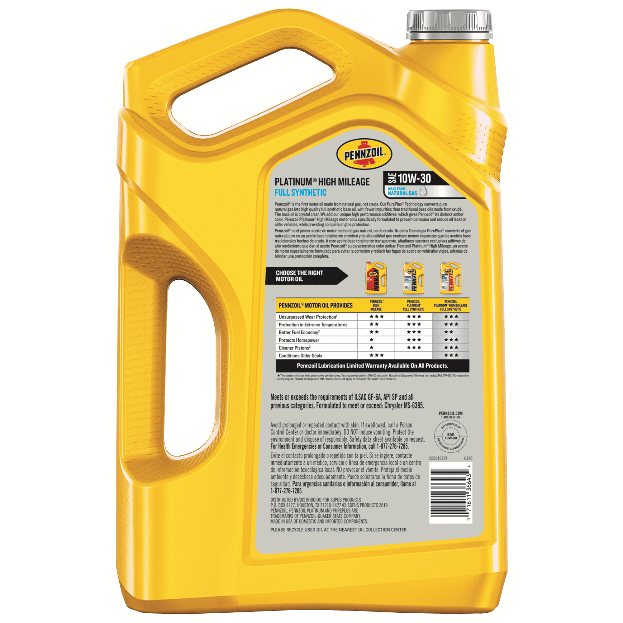Pennzoil Platinum High Mileage Full Synthetic 10W-30 Motor Oil, 5 Quart