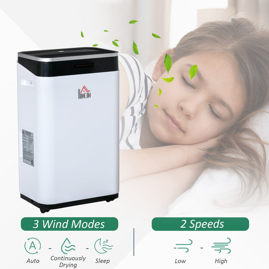 HOMCOM 2520 Sq. Ft Portable Electric Dehumidifier For Home, Bedroom or Basements with 14 Pint Tank, 2 Speeds and 3 Modes, 42 pt/Day, White
