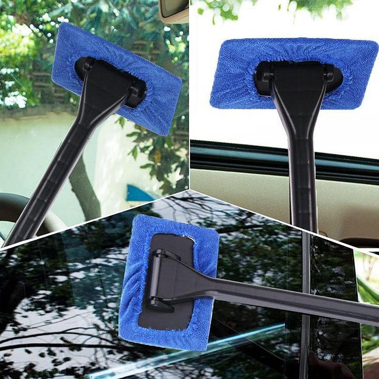 Herrnalise Windshield Cleaning Tool Car Window Cleaner with Extendable Long Handle Washable Reusable Microfiber Pads Auto Interior Exterior Glass Wiper Cleaning Kit Universal for Office and Home