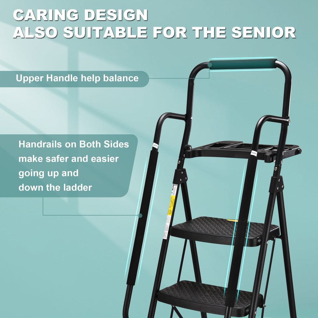 HBTower 5-Step Folding Step Stool Ladder with Handrails and Tool Platform, Load-bearing 330lbs, Wide Anti-Slip Pedal and Steel Ladder Handgrip, Black