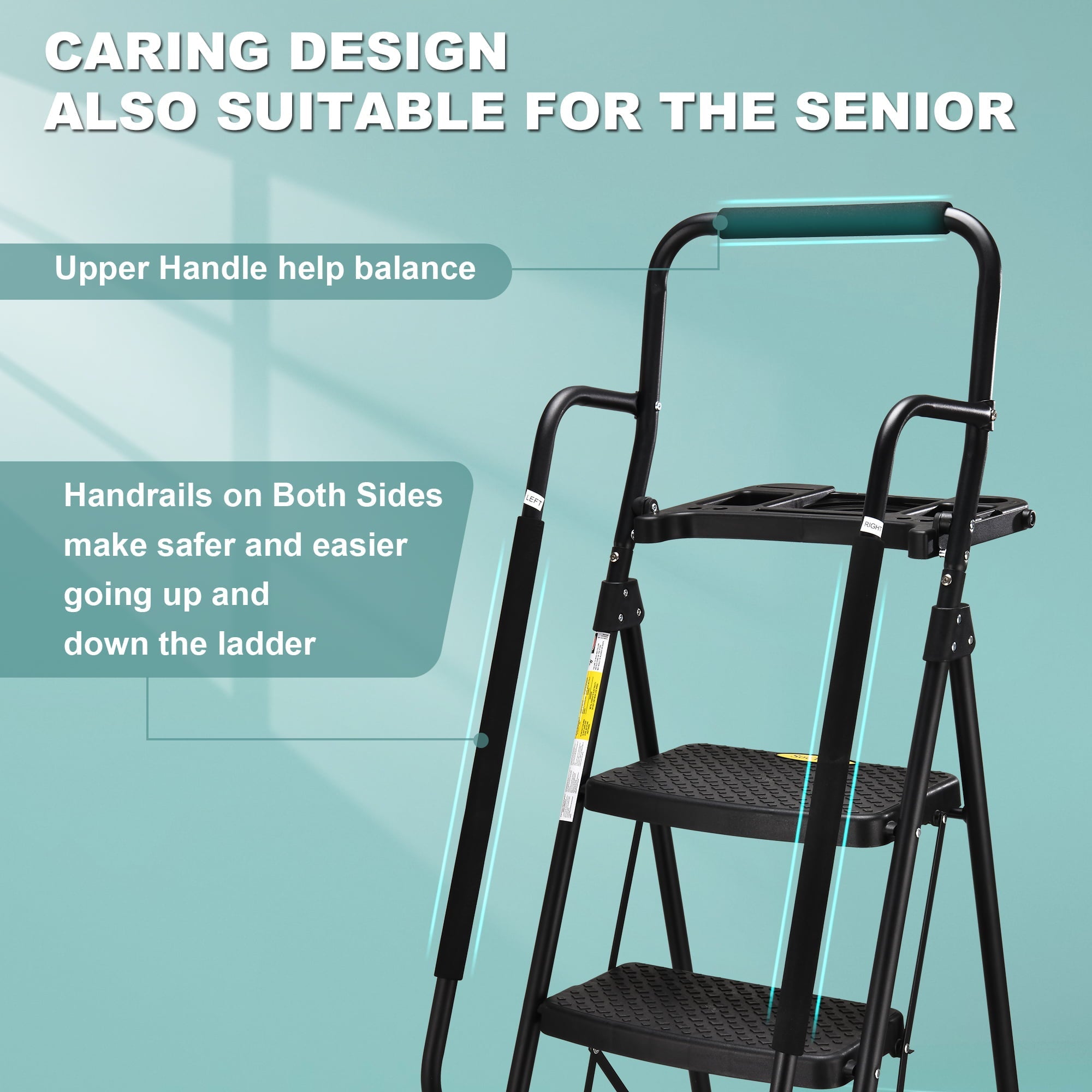 HBTower 5-Step Folding Step Stool Ladder with Handrails and Tool Platform, Load-bearing 330lbs, Wide Anti-Slip Pedal and Steel Ladder Handgrip, Black