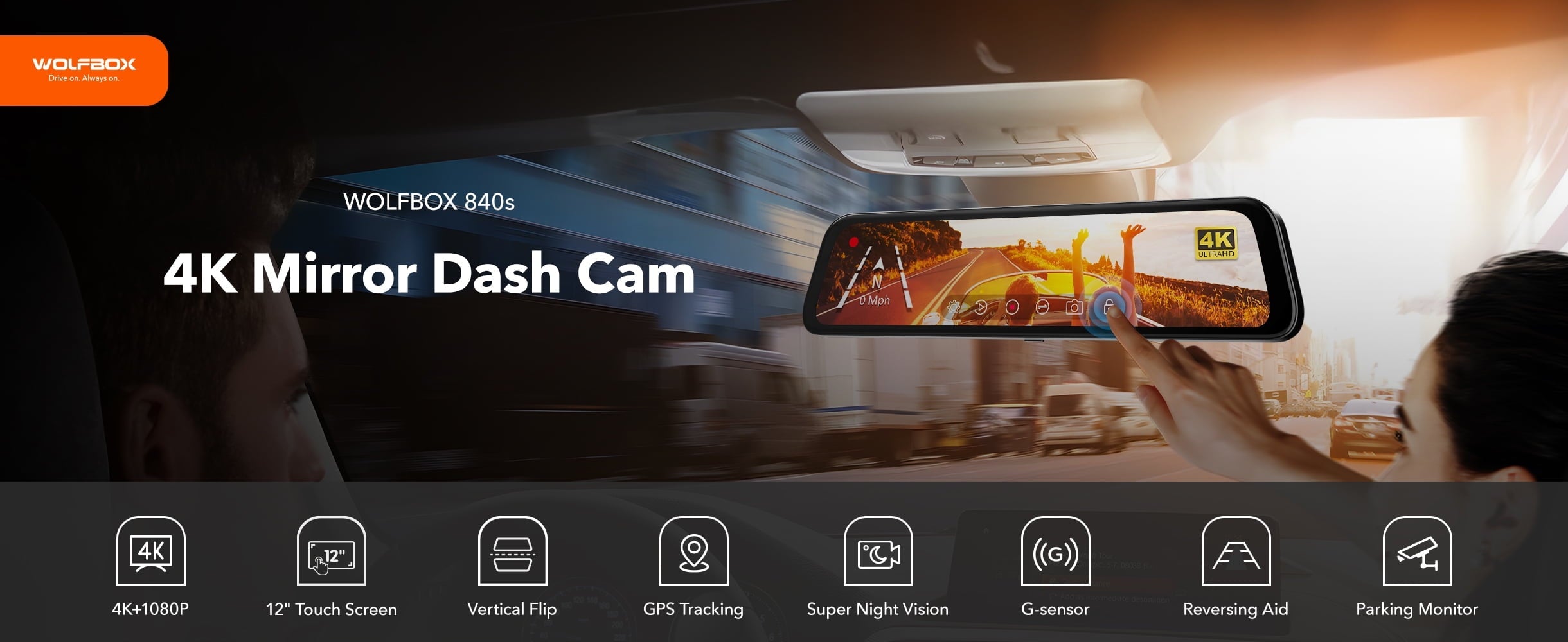 WOLFBOX 12" Mirror Dash Cam Backup Camera, 4k Mirror Dash Cam Front and 1080P Rear, Rearview Mirror for Cars with Night Vision, Free 32GB Card
