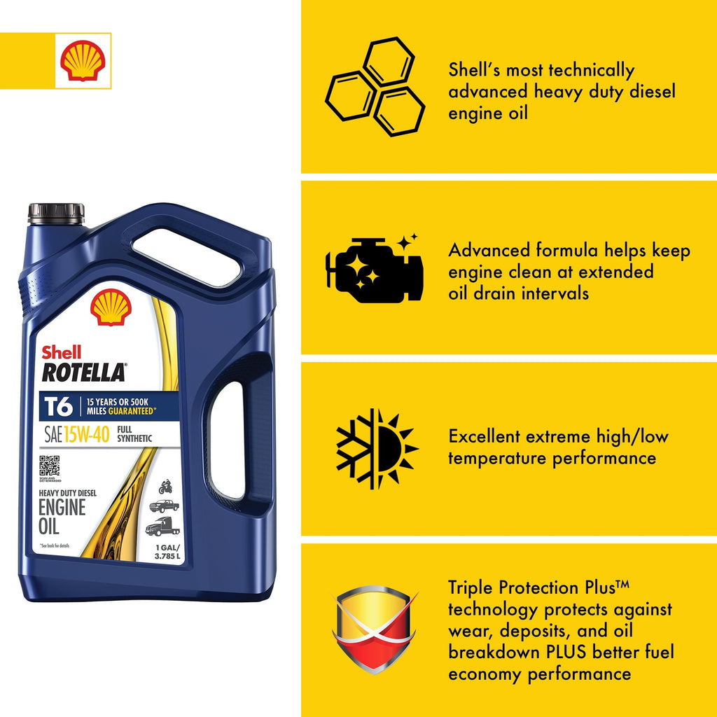 Shell Rotella T6 Full Synthetic 15W-40 Diesel Engine Oil, 1 Gallon