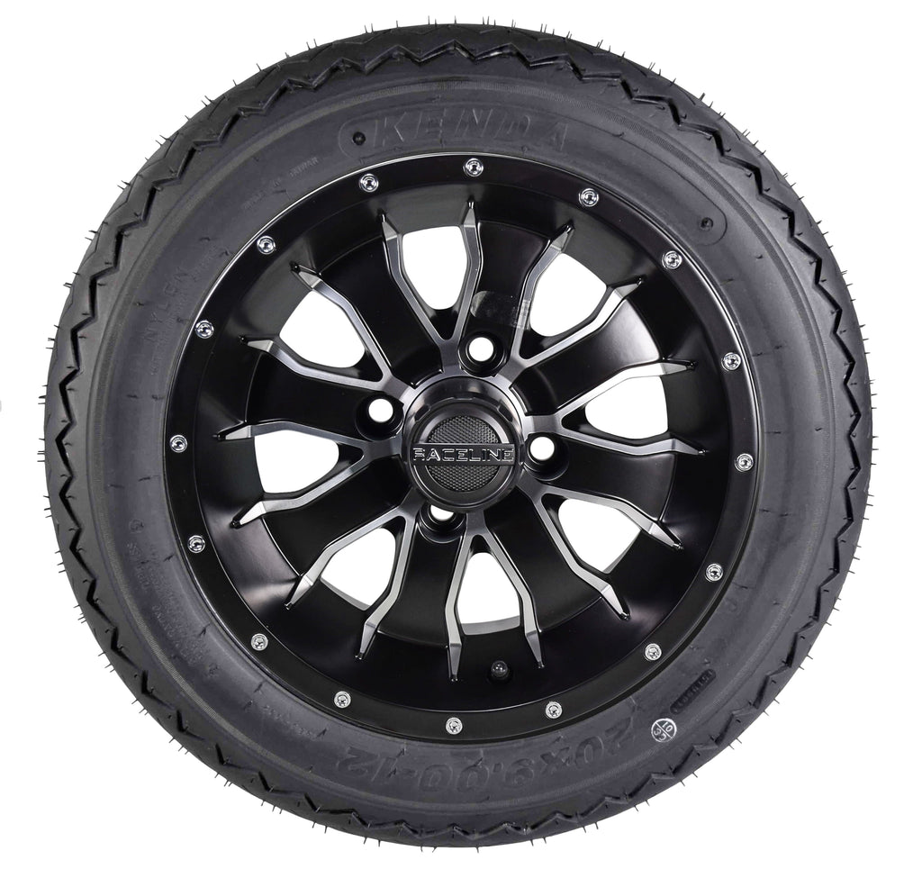 Kenda K389 20x9-12 Golf Cart Turf Front Rear Tire & 12x7 4/101.6 +5 (4x4) Black Wheel Kit for Non-Lifted Golf Carts or Golf Carts with 1"-3" Lift Kit 20x9x12