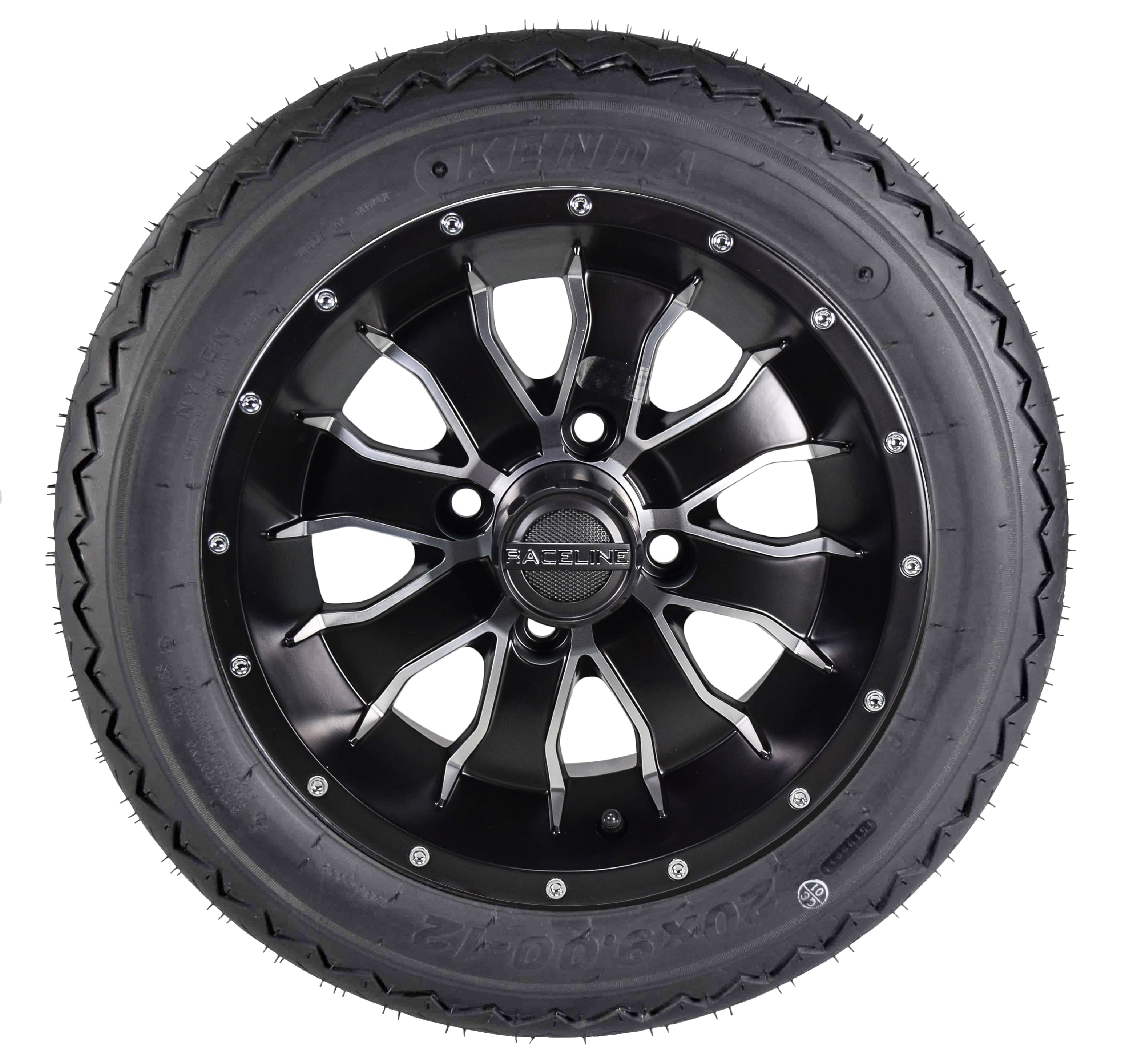 Kenda K389 20x9-12 Golf Cart Turf Front Rear Tire & 12x7 4/101.6 +5 (4x4) Black Wheel Kit for Non-Lifted Golf Carts or Golf Carts with 1"-3" Lift Kit 20x9x12