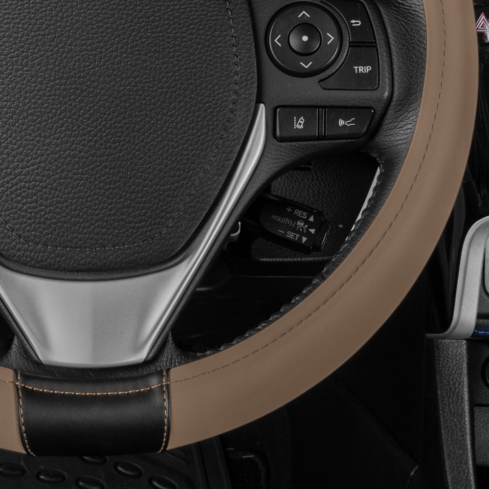 CATERPILLAR Two Tone Ergonomic Soft Leather Grip Steering Wheel Cover - Strong, Durable and Comfortable Universal Size 14.5-15.5" (Dark Gray / Black)