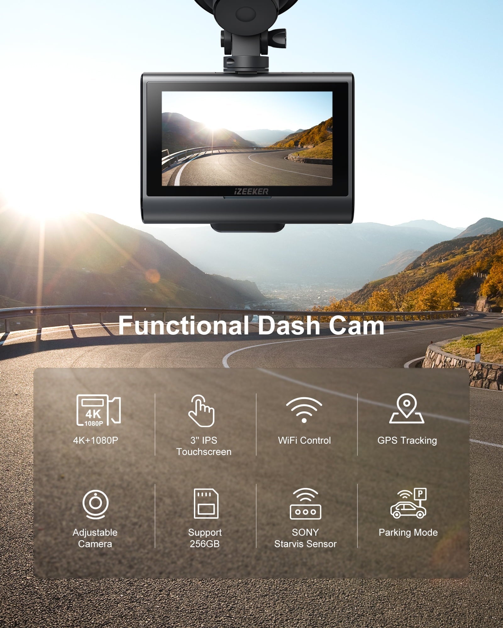 iZEEKER 4K Dash Cam Front and Rear Wi-Fi GPS, 4K+1080P Dual Dash Camera for Cars, 3'' IPS Touchscreen, WDR, Night Vision, Parking Mode, G-Sensor, 2 Mounting Options