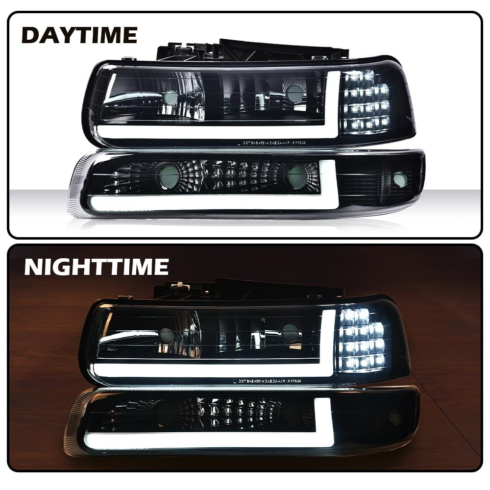 G-Plus LED DRL Headlights+Bumper Lamps Smoked Fit for 1999-2002 Chevy Silverado 2000-2006 Tahoe
