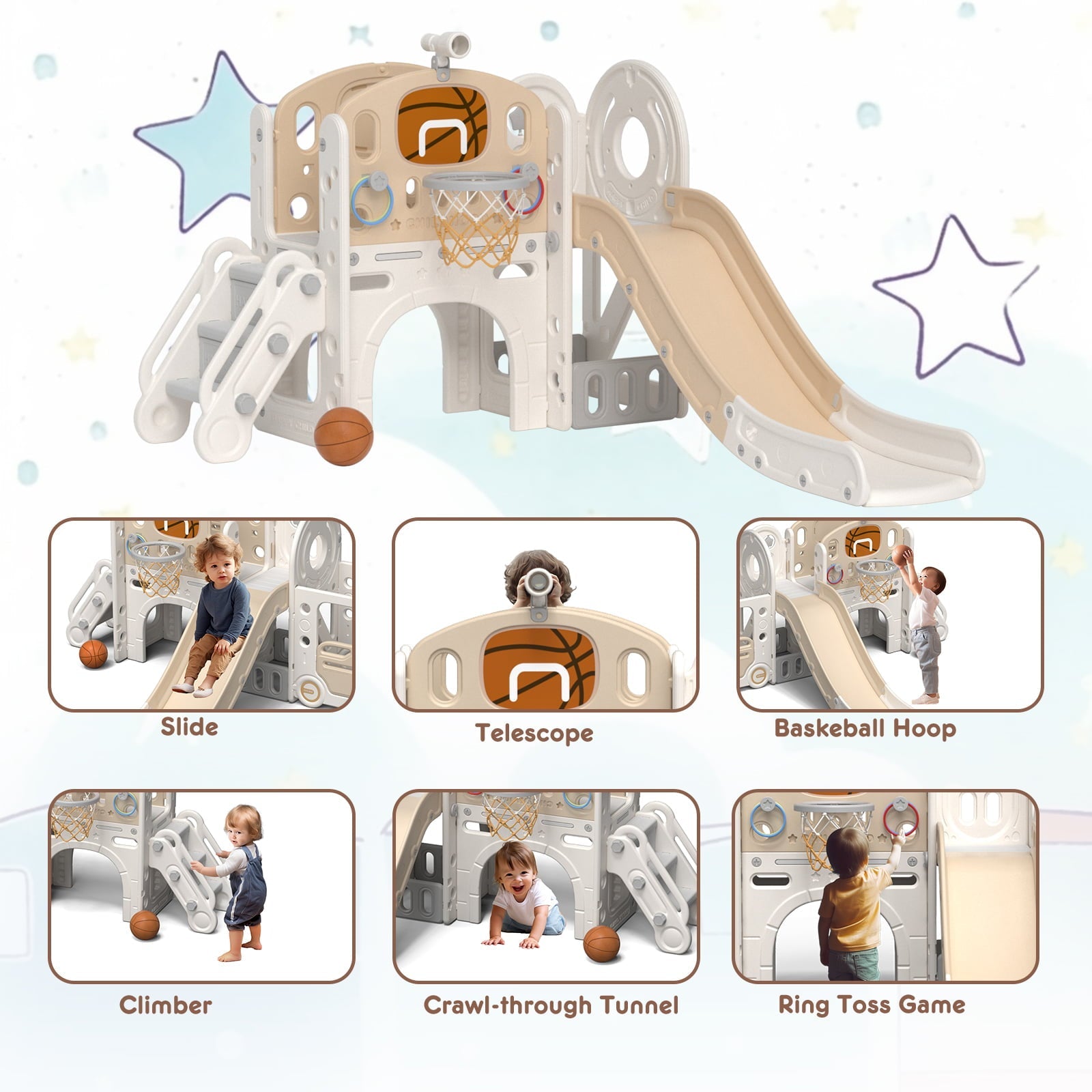 KORIMEFA 7-in-1 Kids Slide with Climber, Toddler Climber Slide Play Set with Basketball Hoop, Tunnel, Telescope and Storage Space, Indoor Outdoor Playground Slide
