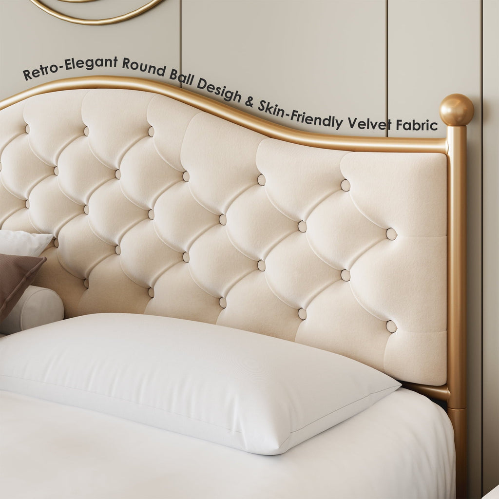 Homfa King Size Bed Frame, Metal Tubular Platform Bed with Button Tufted Upholstered Headboard, No Box Spring Needed, Beige