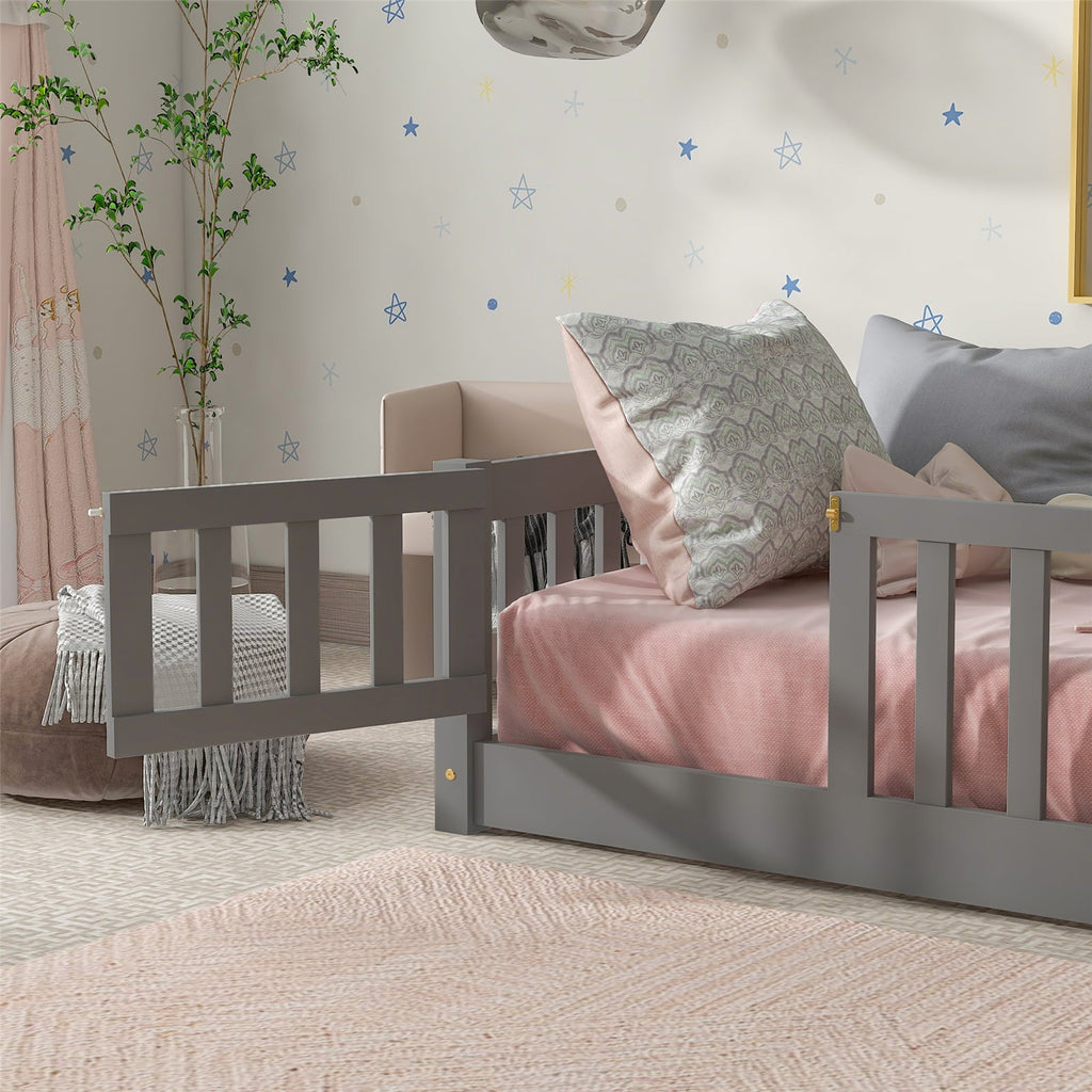 Twin Size Floor Bed Frame, Solid Wood Platform Bed Frame with Safety Fence & Small Door, Montessori Floor Bed with Slats Support for Boys Girls, No Box Spring Needed, Grey