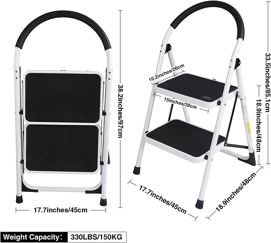WAYPLUS 2 Step Steel Ladder, Folding Portable Step Stool w/ Non-Slip Feet, Rubber Pads, 330lb Capacity