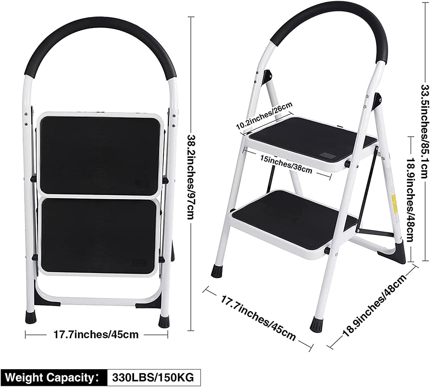 WAYPLUS 2 Step Steel Ladder, Folding Portable Step Stool w/ Non-Slip Feet, Rubber Pads, 330lb Capacity