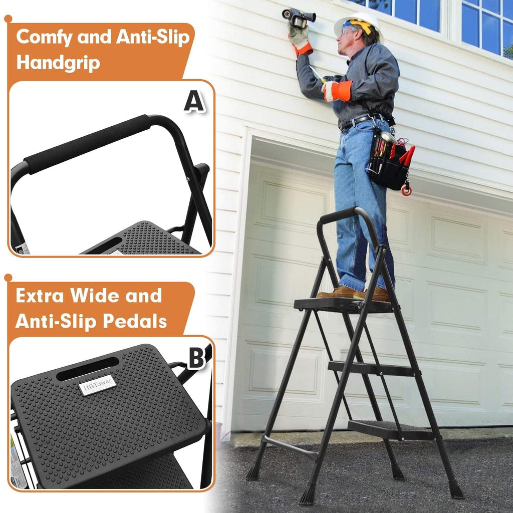 HBTower Folding 3-Step Stool Ladder, 500lbs, with Wide Anti-Slip Pedal and Steel Handgrip, Black