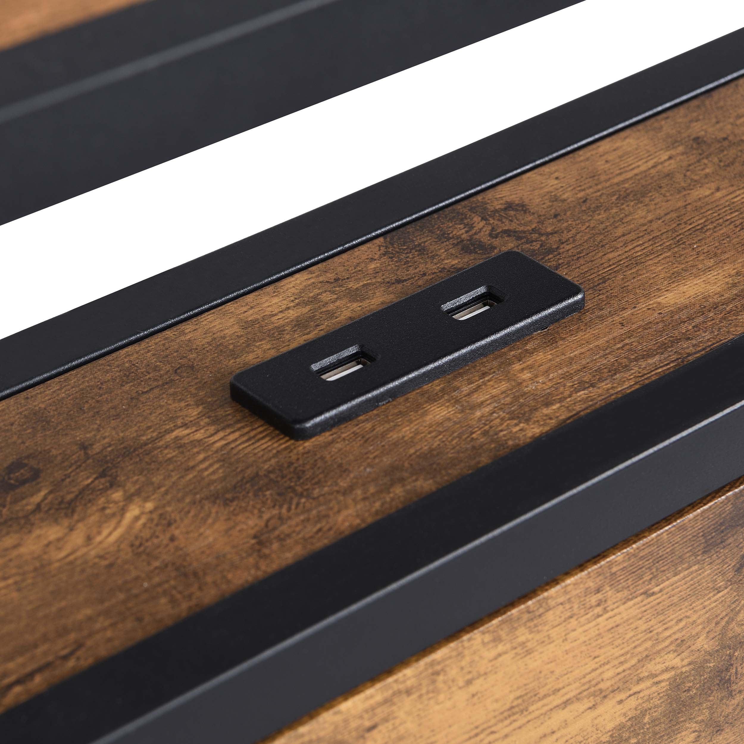 Miniyam Full Size Platform Bed Frame with 2 USB Ports & LED Lights, Vintage Brown