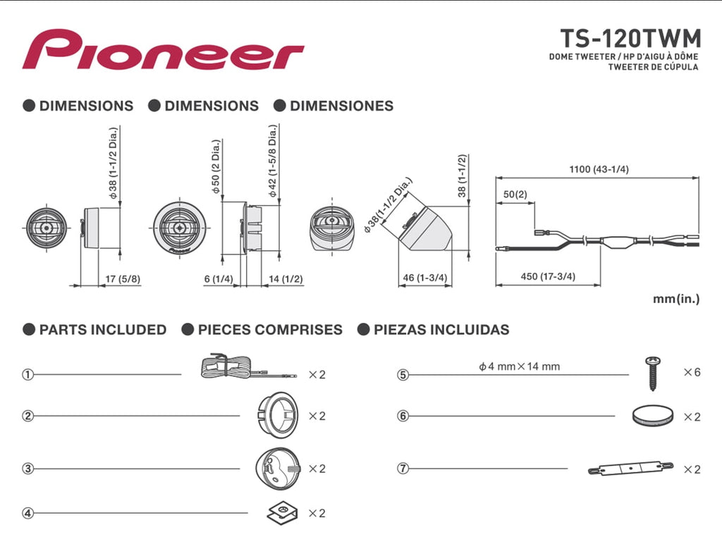 Pioneer TS-120TWM A-Series Polyimide Dome Tweeters | 100W RMS & 450W Peak Power | Universal Adapters